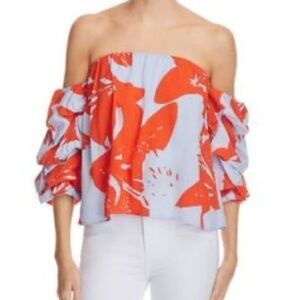 Bardot Women's Floral Print Off Shoulder Crop Top Blue Red Size 6